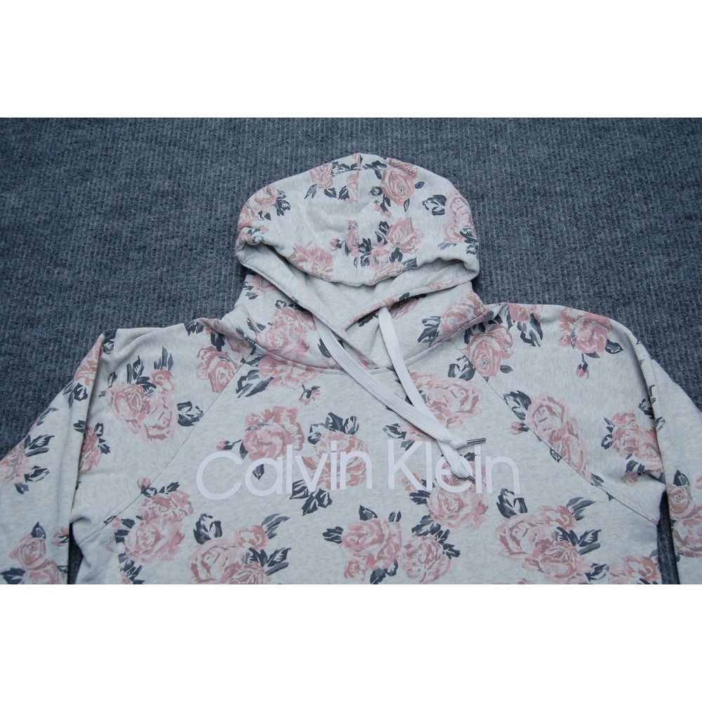 Calvin Klein Hoodie Sweatshirt Womens L Gray Floral Fleece Pullover Logo Raglan - Picture 2 of 9